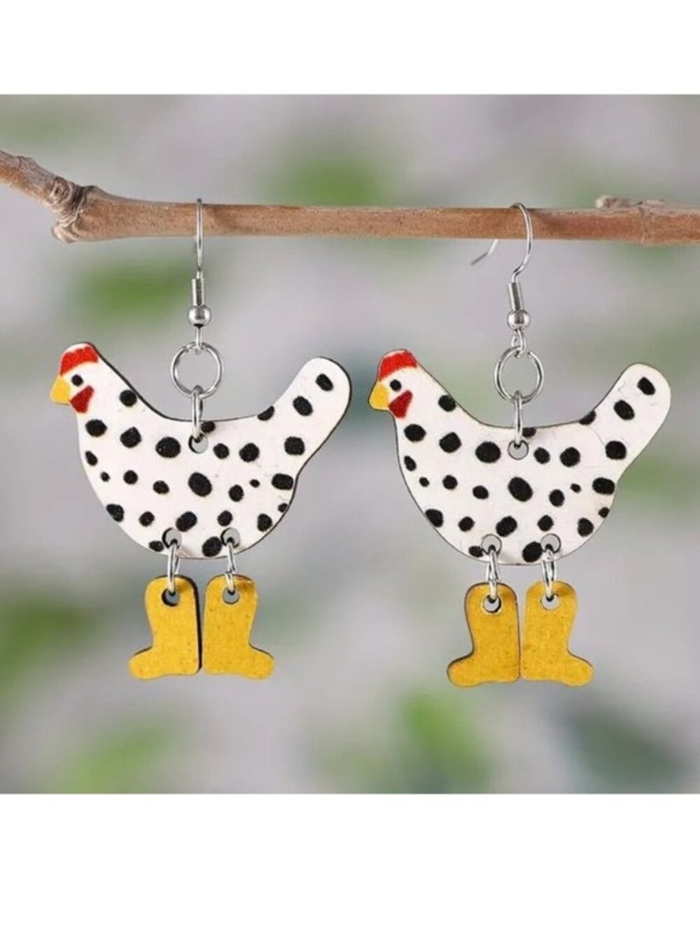 Chicken Earrings with Boots Wood Dangle Hen Whimsical Ornament Farm Country NEW